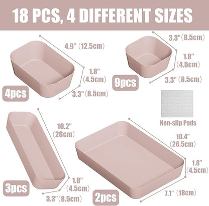 Homhut Plastic Drawer Organizers, 18 PCS Bathroom Drawer Organizer Bins, Desk and Vanity Organizer Plastic Tray, Makeup organizer and storage for Bedroom, Kitchen Gadgets Utensils and Office (Pink)