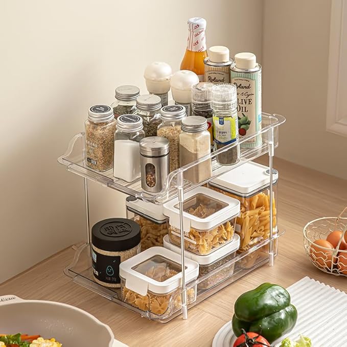 SOVGIZF Expandable Cabinet Organizer Shelf, 2-Tier kitchen Counter Organization Shelves, Spice Rack,Clear Plastic Countertop Storage Rack for Makeup, Pantry, Cupboard, Bathroom, Desk Organization