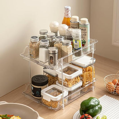 SOVGIZF Expandable Cabinet Organizer Shelf, 2-Tier kitchen Counter Organization Shelves, Spice Rack,Clear Plastic Countertop Storage Rack for Makeup, Pantry, Cupboard, Bathroom, Desk Organization