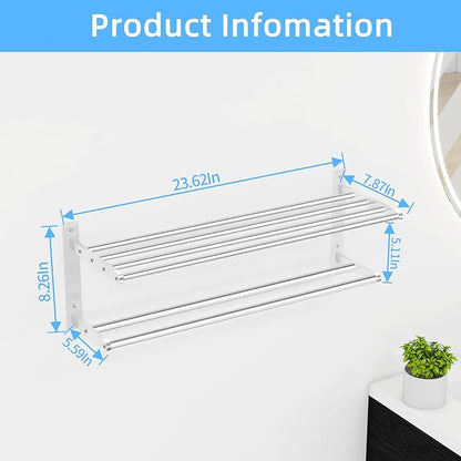 Towel Racks for Bathroom 24 Inch, 2 Tier Towel Shelf with Double Towel Bar, Stainless Steel Bath Towel Rack Wall Mounted, Towel Holder Towel Storage Rack for Bathroom, Brushed Nickel