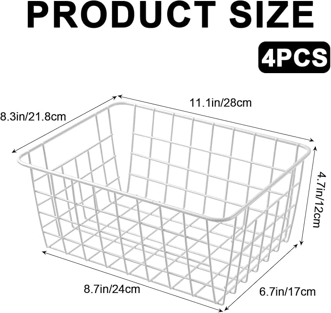 4 Pack White Wire Baskets 11.1"x8.7"x4.7", Wire Freezer Storage Organizer Bins Farmhouse Metal Freezer Basket with Handles for Cabinets, Pantry, Closets, Bedrooms