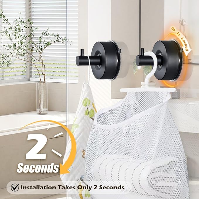 YOHOM Suction Cup Hooks for Shower Wall Bathrooms Towels Hook for Glass Door Heavy Duty (Black, 4 PCS)