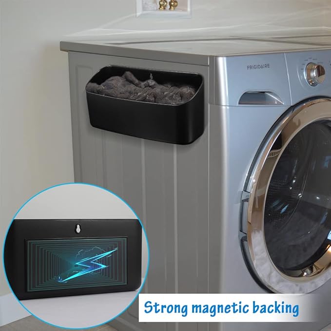 Picowe Magnetic Laundry Storage, Large Lint Holder Bin for Laundry Room, Space-Saving Trash Container Hanging on Dryer, Washer or Wall Mount Trash Bin, M - Black