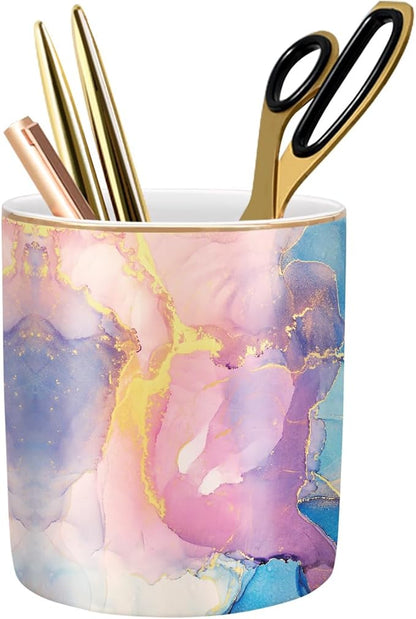 WAVEYU Cute Desk Pens Holder, Pencil Cup Holder for Desk, Ceramic Desktop Storage Pen Pencil Organizers Stationery Supplies for Office, Home, Gold Pattern