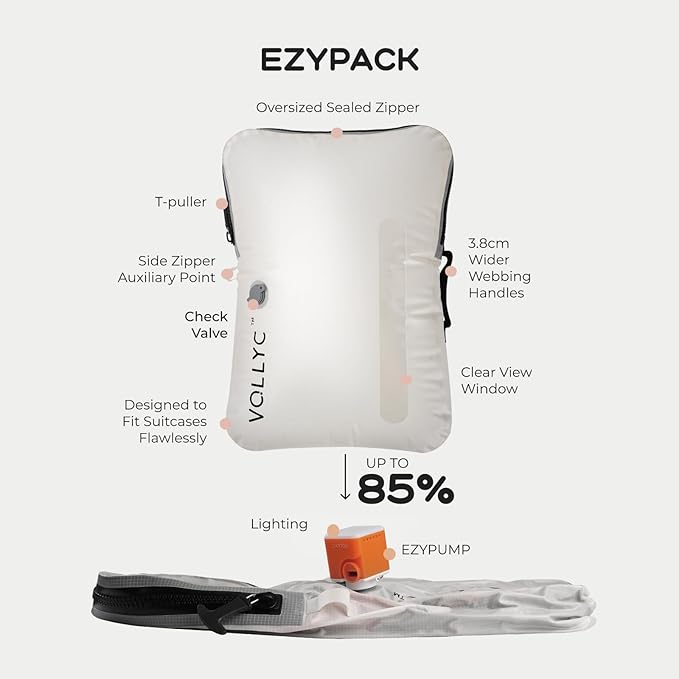 VOLLYC Travel Vacuum Bags with Pump, 25L Large Capacity Vacuum Bags for Travel, IPX7 Waterproof, Open Zipper, Reusable Space Saver Compression Bags for Luggage, Backpack, Suitcase, Home Storage
