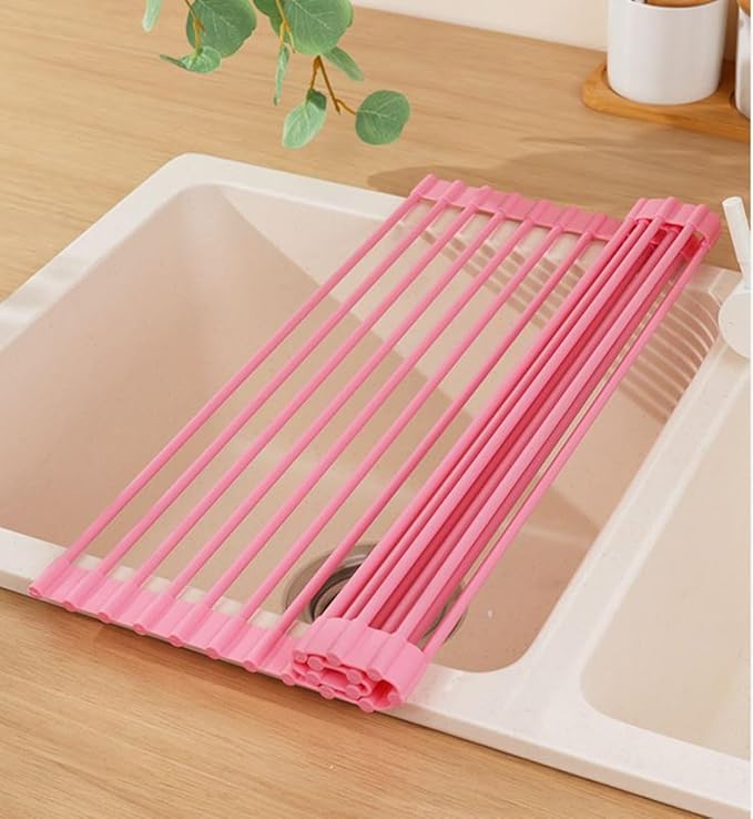 Pezixueran Roll Up Dish Drying Rack Over The Sink.Foldable Kitchen Drainer,Fully Silicone Cover Stainless Steel Bar,Heat-Resistant, Anti-Slip Sink Rack for Kitchen Counter Multipurpose.