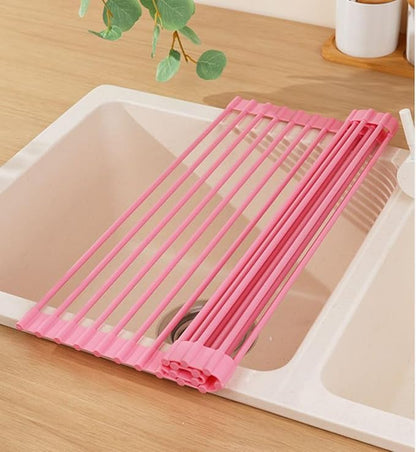 Pezixueran Roll Up Dish Drying Rack Over The Sink.Foldable Kitchen Drainer,Fully Silicone Cover Stainless Steel Bar,Heat-Resistant, Anti-Slip Sink Rack for Kitchen Counter Multipurpose.