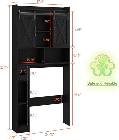 Vabches Over The Toilet Storage Cabinet, Farmhouse Storage Cabinet Over Toilet with Sliding Doors & Toilet Paper Holder Stand，Home Space-Saving Toilet Rack, for Bathroom, Laundry and Restroom.Black