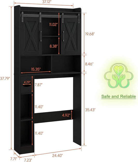 Vabches Over The Toilet Storage Cabinet, Farmhouse Storage Cabinet Over Toilet with Sliding Doors & Toilet Paper Holder Stand，Home Space-Saving Toilet Rack, for Bathroom, Laundry and Restroom.Black