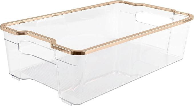 SIMPLEMADE Clear Refrigerator Organizer Bins - Clear Bins for Fridge, Containers for Fridge and Freezer, Multipurpose Storage for Kitchen, Office, Bathroom, Gold Rim (8.5" x 14.6")