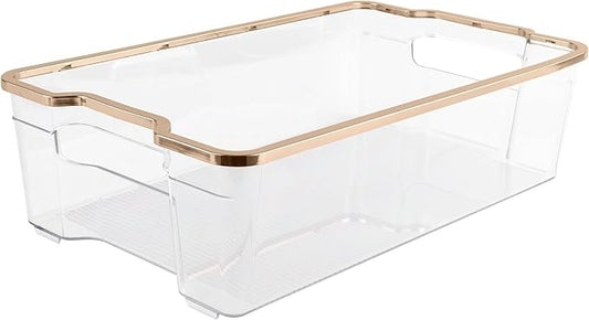 SIMPLEMADE Clear Refrigerator Organizer Bins - Clear Bins for Fridge, Containers for Fridge and Freezer, Multipurpose Storage for Kitchen, Office, Bathroom, Gold Rim (8.5" x 14.6")