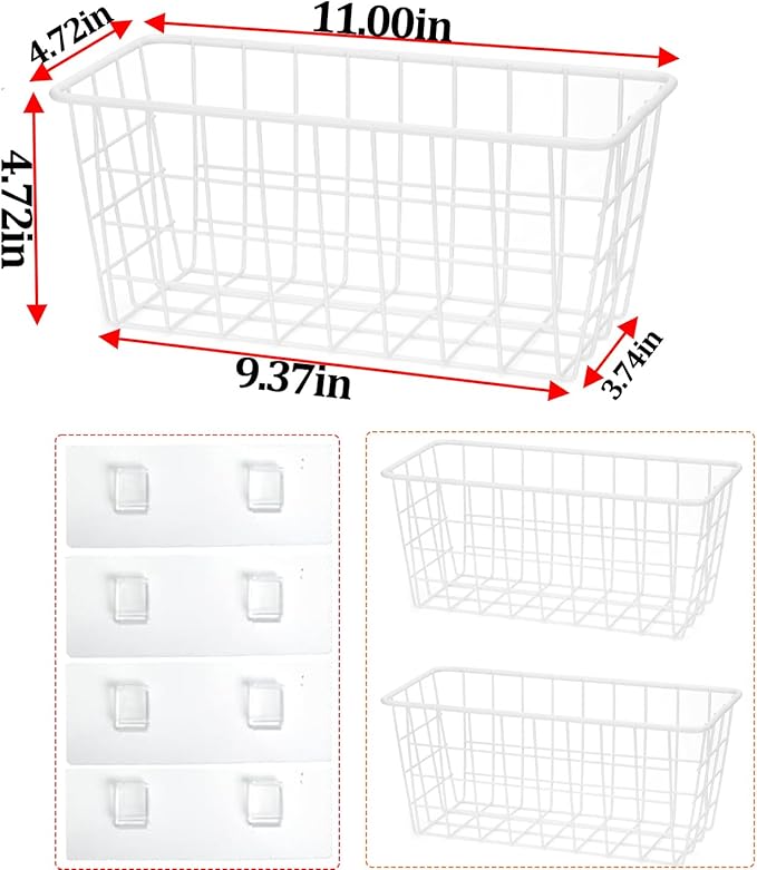 Hanging Kitchen Baskets Adhesive Sturdy Wire Storage Baskets with Kitchen Food Pantry Bathroom Shelf Storage No Drilling Wall Mounted,White,2 Pack
