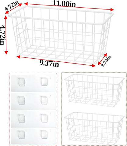 Hanging Kitchen Baskets Adhesive Sturdy Wire Storage Baskets with Kitchen Food Pantry Bathroom Shelf Storage No Drilling Wall Mounted,White,2 Pack