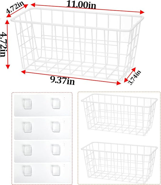 Hanging Kitchen Baskets Adhesive Sturdy Wire Storage Baskets with Kitchen Food Pantry Bathroom Shelf Storage No Drilling Wall Mounted,White,2 Pack