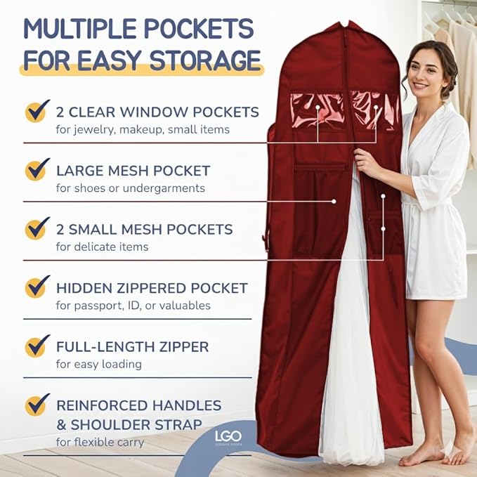 Sturdy Oxford polyester fabric - 72" Wedding Dress Garment Bag - Shoulder Strap - Accessory Pockets - Attaches to Suitcase – Waterproof – Trifold – Designed for Full Skirts – Carry Handle (Red)