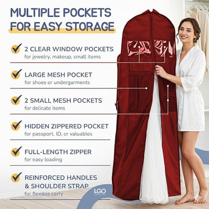 Sturdy Oxford polyester fabric - 72" Wedding Dress Garment Bag - Shoulder Strap - Accessory Pockets - Attaches to Suitcase – Waterproof – Trifold – Designed for Full Skirts – Carry Handle (Red)