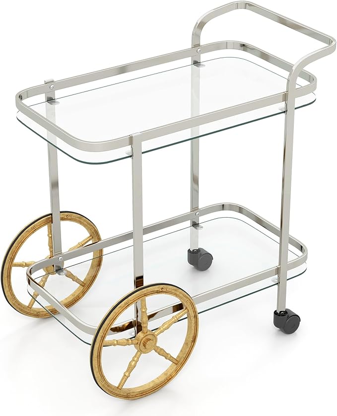 Giantex 2-Tier Bar Cart, Stylish Rolling Serving Cart w/Tempered Glass Shelves, 2 Large Aluminum Front Wheels, Stainless Steel Frame, Mobile Storage Shelf, Home Trolley Cart for Kitchen, Dining Room