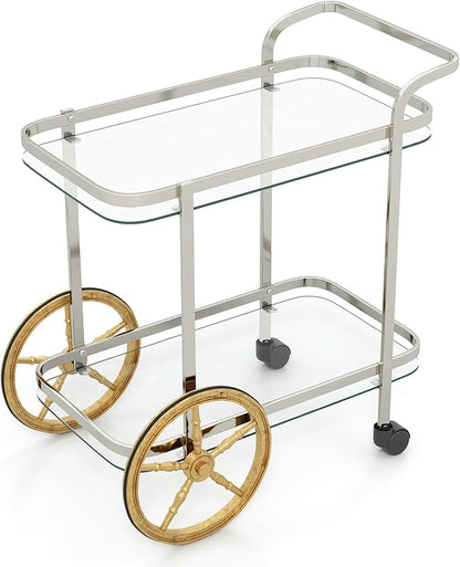 Giantex 2-Tier Bar Cart, Stylish Rolling Serving Cart w/Tempered Glass Shelves, 2 Large Aluminum Front Wheels, Stainless Steel Frame, Mobile Storage Shelf, Home Trolley Cart for Kitchen, Dining Room
