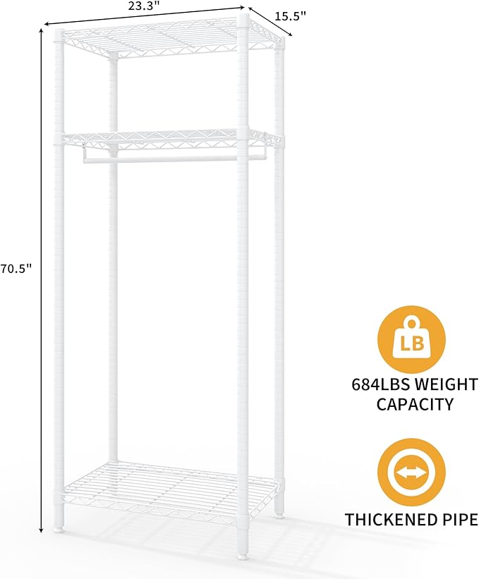 Garvee Freestanding Clothes Rack with Adjustable Shelves, 70.5" H Compact Heavy-Duty Dress Up Rack Small Closet System, for Dorm Corner Bedroom Cloakroom Apartment, 684LBS Weight Capacity, White