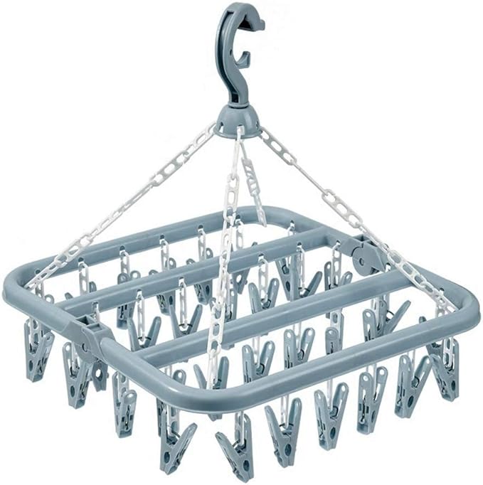 Clothes Drying Hanger with 32 Clips and Drip Foldable Hanging Rack (Light Blue)