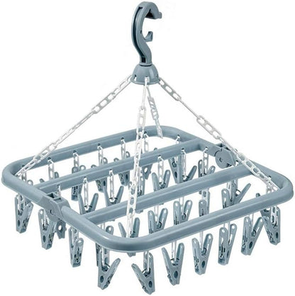 Clothes Drying Hanger with 32 Clips and Drip Foldable Hanging Rack (Light Blue)