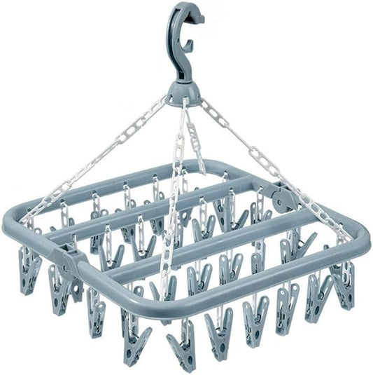 Clothes Drying Hanger with 32 Clips and Drip Foldable Hanging Rack (Light Blue)