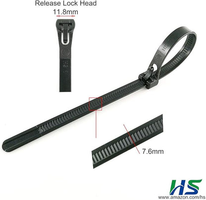 HS Reusable Zip Ties 8 Inch Releasable Plastic Cable Tie Straps 100 Pack Black,Adjustable 50LBS Wide Wire Zip Toe Heavy Duty,Outdoor String Lights-Fixing,Luggage Locking