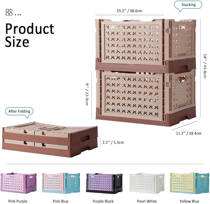 Stackable Plastic Closet Storage Basket, 2 Pack Foldable Closet Organizers and Storage Bins, Decorative Basket for Closet, Shelves, Laundry, Wardrobe Organizing (Khaki Coffee)