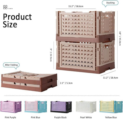 Stackable Plastic Closet Storage Basket, 2 Pack Foldable Closet Organizers and Storage Bins, Decorative Basket for Closet, Shelves, Laundry, Wardrobe Organizing (Khaki Coffee)