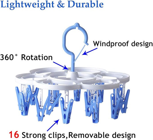 Clothespin Rack Laundry Drying Rack,Clothes Hangers with 16 Clips,Clip Hanger Drip Hanger for Drying Underwear,Baby Clothes,Socks,Bras,Towel,Pants,Hat,Scarf,Cloth Diapers,Gloves (Blue)