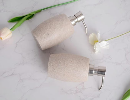 Clasin Home Sandstone Textured Resin Soap Dispenser with Metallic Pump and Waterproof Bottle Labels for Bathroom Kitchen Dish Hand Wash Shower Lotion Shampoo, 12 Oz, 2 Sets Beige
