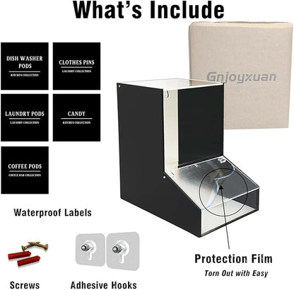 Laundry Pods Container, Acrylic Candy Dispenser with 2 Lid, Dishwasher Pod Holder for Laundry Room, Home, kitchen, Office Used- Stand or Wall Mount,Black