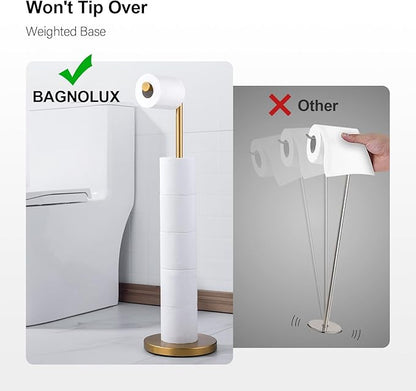 BAGNOLUX Bathroom Toilet Paper Holder Stand with Reserve, SUS304 Stainless Steel Rustproof Pedestal Tissue Roll Holder Heavy Duty (Brushed Brass)