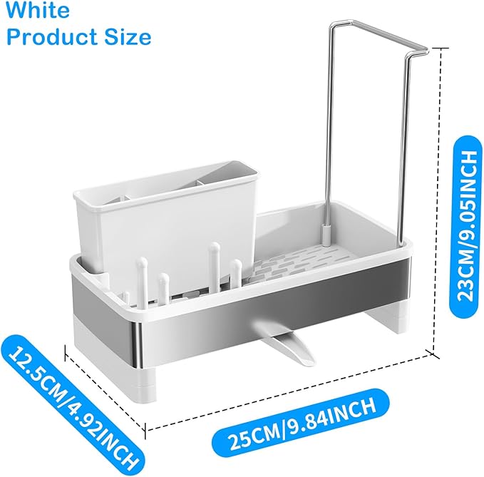 SOVGIZF Sponge Holder for Kitchen Sink,Sink Caddy Organizer with Removable Brush Holder,Kitchen Countertop Soap Dispenser Storage with Detachable Towel Rack,White
