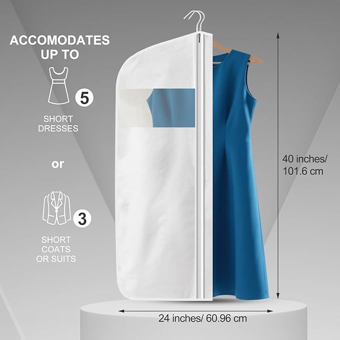2 Pcs 100% Organic Cotton Garment Clothes Bag Short 40 Inch Breathable Proof Hanging Clothes Bag Covers with Viewing Window Card Pocket for Short Dresses Jackets Suits Organization