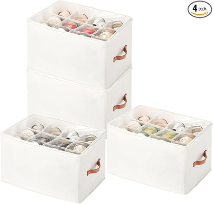 4 Pack Shoe Organizer for Closet - with Transparent Cover and Sturdy Handles shoe storage - Foldable Shoe Storage Containers Fits to 36-48 Pairs 4 Pack (Beige)