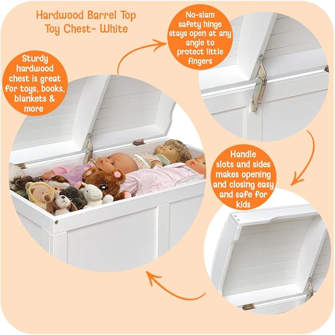 Badger Basket Hardwood Safety Hinge Barrel Top Toy Storage Chest, White (01335)