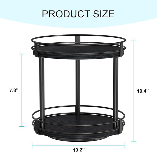 Snughome Lazy Susan Spice Rack, 2 Tier Rotating Spice Rack, Wood Lazy Susan Organizer for Cabinet, Black Kitchen Counter Shelf, 10.2" x 10.2" x 10.4"