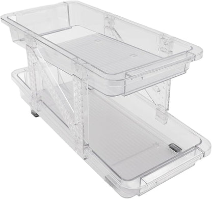 2 Tier Clear Retractable Beverage Dispenser Rolling Soda Can Organiser Adjustable Width Soda Can Organizers for Fridge Pantry Cabinet Countertop