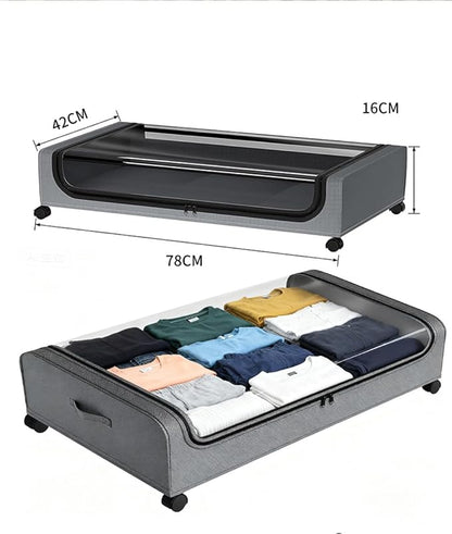 JALUNIVERSAL TRI Under Bed Storage with Wheels, 6.7'' Tall Underbed Storage Containers with Lids - Rolling Bins for Shoes Clothes Blankets (Grey, 2-Pack XXL)