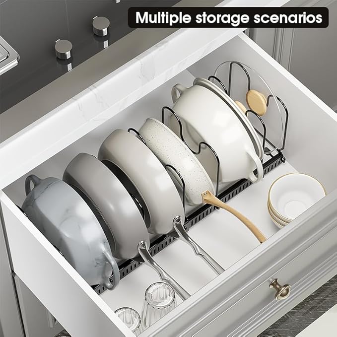 WUETOAYA Expandable Pots and Pans Organizer Rack, Pot Lid Kitchen Cabinet Organizer Holder with 10 Adjustable Compartment, Cookware Rack for Kitchen Cabinet Storage, Black