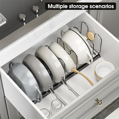 WUETOAYA Expandable Pots and Pans Organizer Rack, Pot Lid Kitchen Cabinet Organizer Holder with 10 Adjustable Compartment, Cookware Rack for Kitchen Cabinet Storage, Black