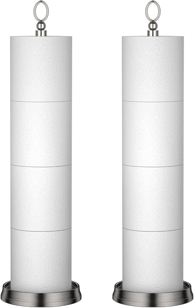 Toilet Paper Holder Stand with Reserve Function, Free Standing Toilet Paper Holder for Bathroom, Toilet Paper Stand with Reserve for 4 Rolls 22.5" Height (2 Pack, Brushed Nickel)