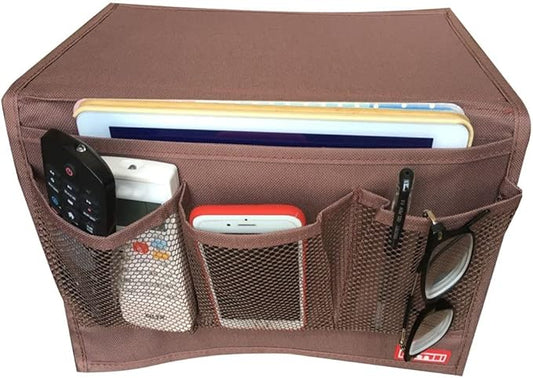 Meeall Bedside Storage Organizer with Pockets, Bedside Organizer Caddy for Remote Control, Table Cabinet, Phones, Magazines, Tablets, Accessories, Brown
