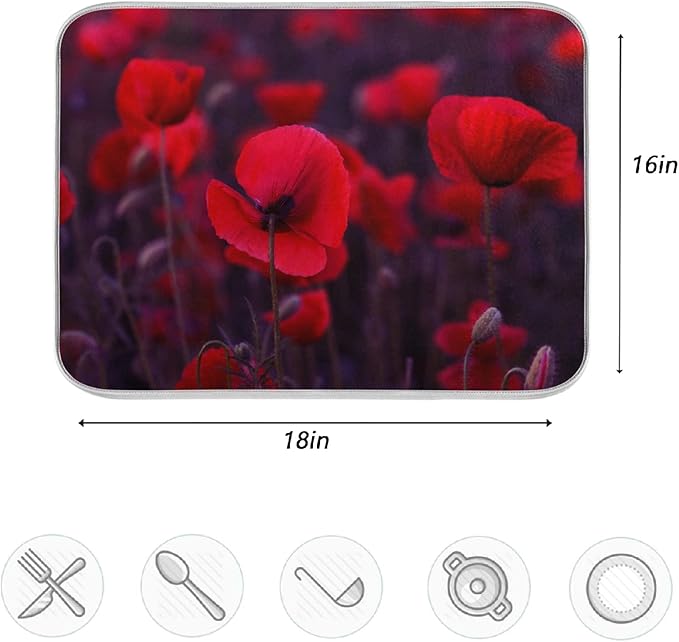 ZzWwR Magic Red Poppy 16" x 18" Absorbent Dish Drying Mat Microfiber Kitchen Countertop Table Protector Multi-Purpose Counter Rack Sink Drainer Pad