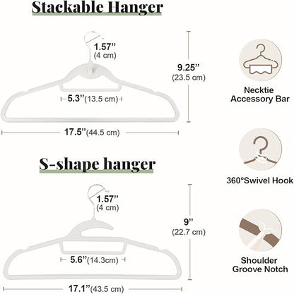 UEAKPIC Velvet Hangers 50 Pack, S-Shaped and Stackable Non Slip with 360°Swivel Hook, Ultra Thin and Space Saving Flocked, for Suits, Shirts, Coats, 15Lbs Capacity Heavy Duty, White