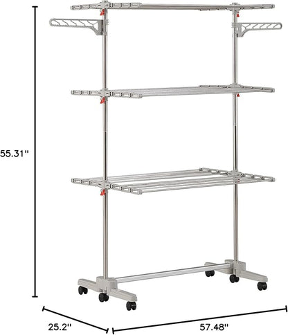 Foldable Laundry Drying Rack with Wheels - 48 Drying Rods, Heavy Duty, Movable, Perfect for Clothes, Duvet, Socks, Bed Linen, Sheets, 6 Wings