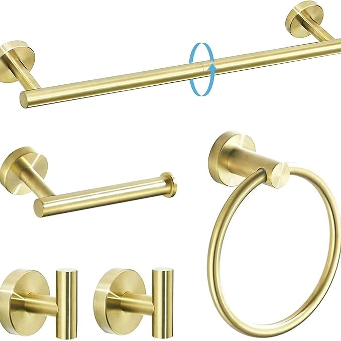 5Pcs Brushed Gold Bathroom Hardware Towel Bar Accessories Set 23.6 Inch SUS304 Stainless Steel Bath Towel Racks with Toilet Paper Holder Shelf for Bathroom Kitchen Wall Mounted, Middle Removable
