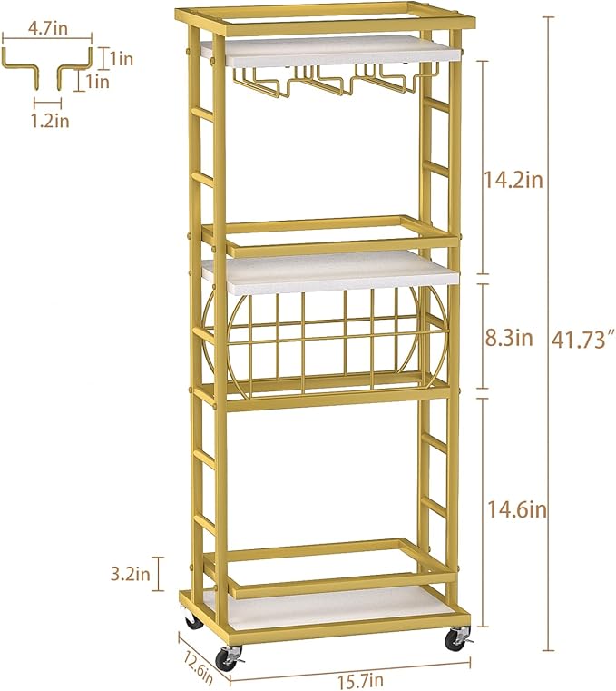 4 Tier Bar Cart with Wheels, Home Bar Serving Cart, Rolling Mini Wine Cart with Wine Rack and Glass Holder, Drink Cart for Dining Room, Living Room, Kitchen, Bar and Outdoor, Gold