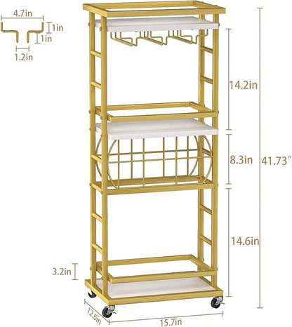 4 Tier Bar Cart with Wheels, Home Bar Serving Cart, Rolling Mini Wine Cart with Wine Rack and Glass Holder, Drink Cart for Dining Room, Living Room, Kitchen, Bar and Outdoor, Gold